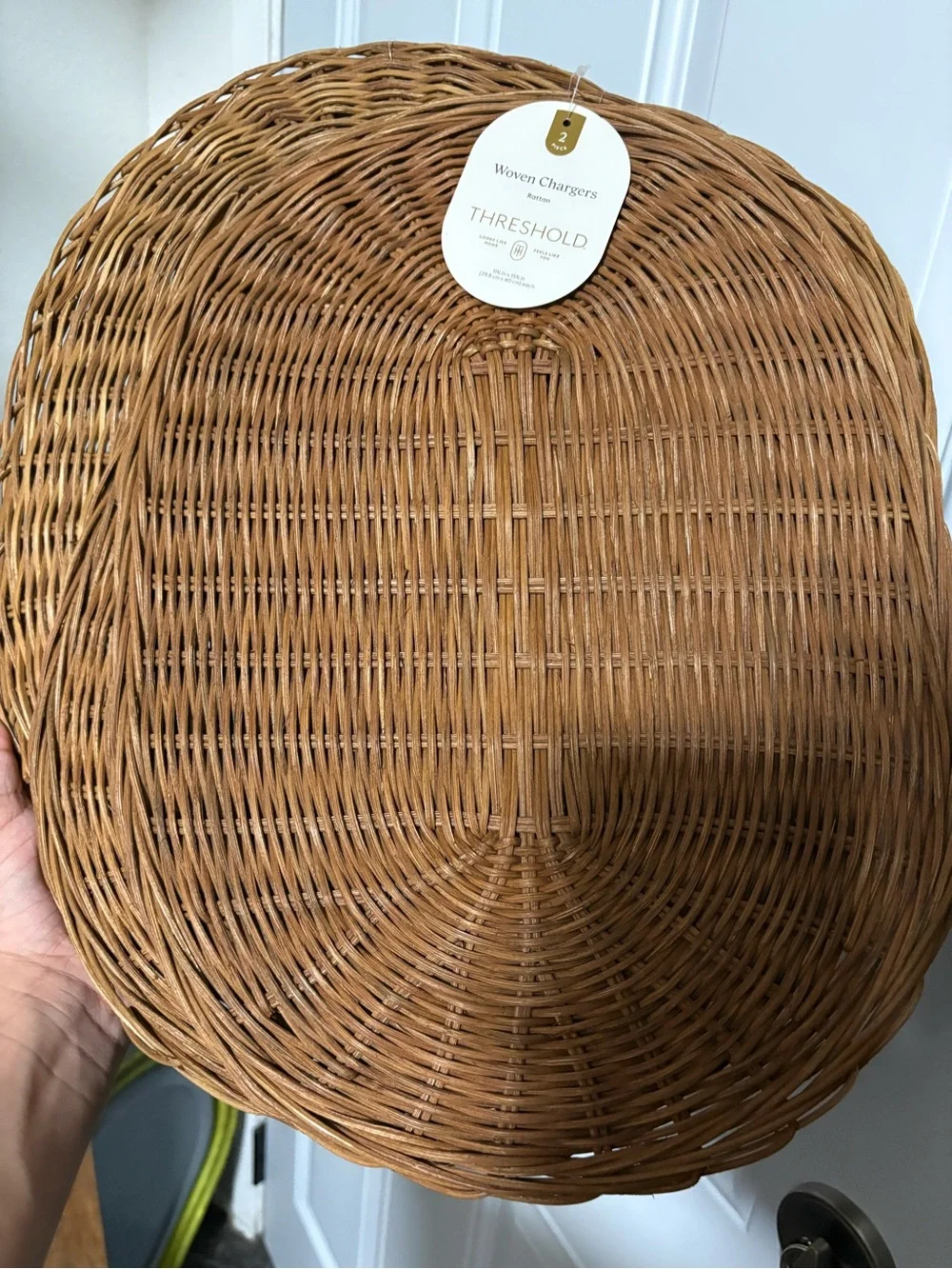 Set of 4 Woven wicker chargers & centerpiece wicker bowl from Threshold